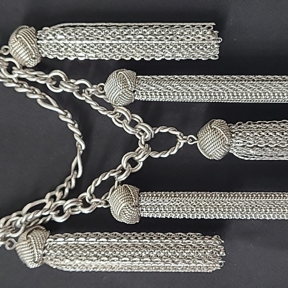 Double Strand Tassel Statement Necklace Silver - Picture 4 of 5